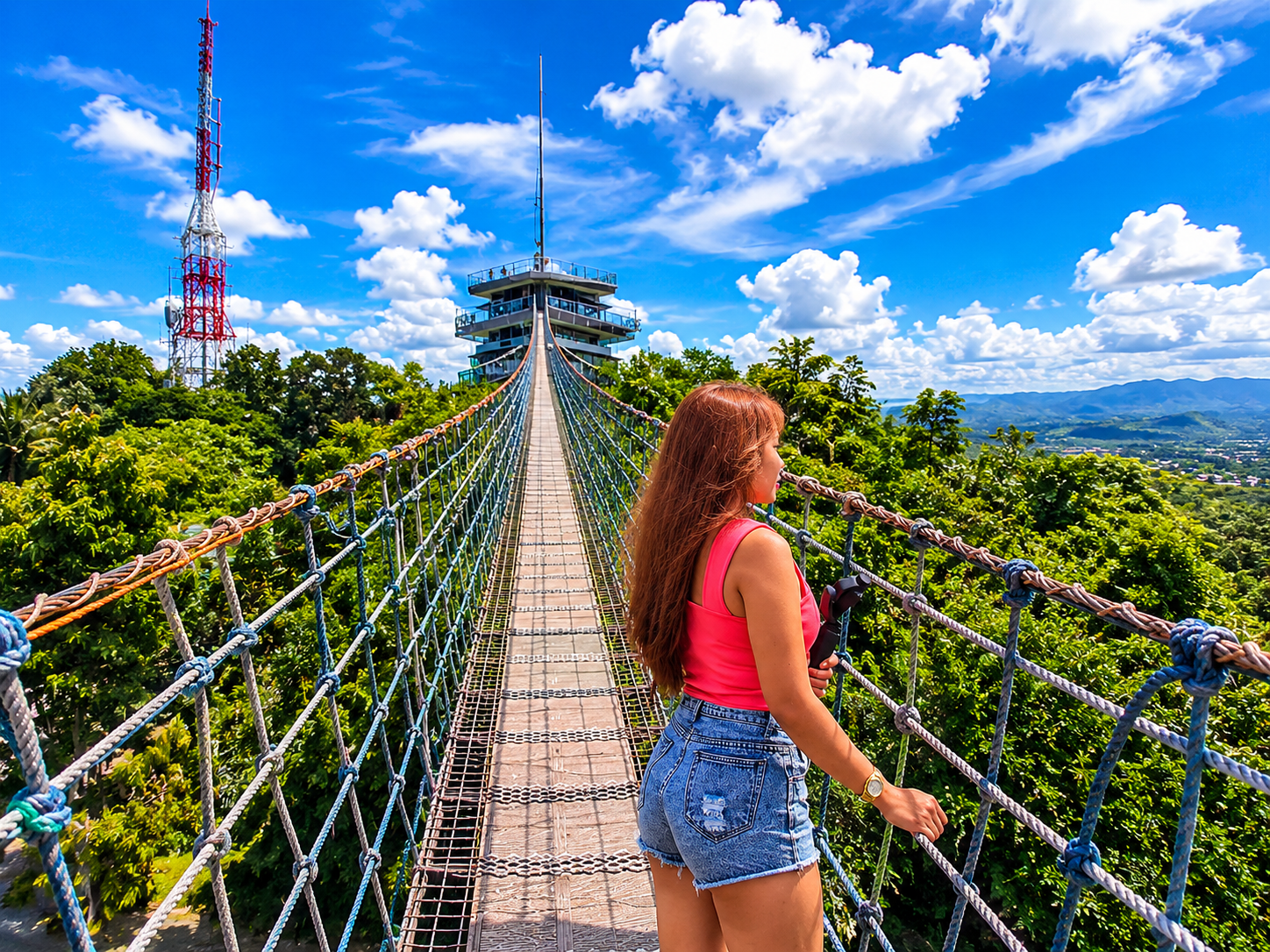 Cheche standing on the Cloud 9 Antipolo hanging bridge overlooking the 360-degree view deck and surrounding Rizal landscape