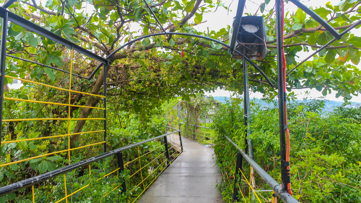 Covered garden walkway at Cloud 9 Antipolo leading visitors from the hanging bridge toward the restaurant and exit area