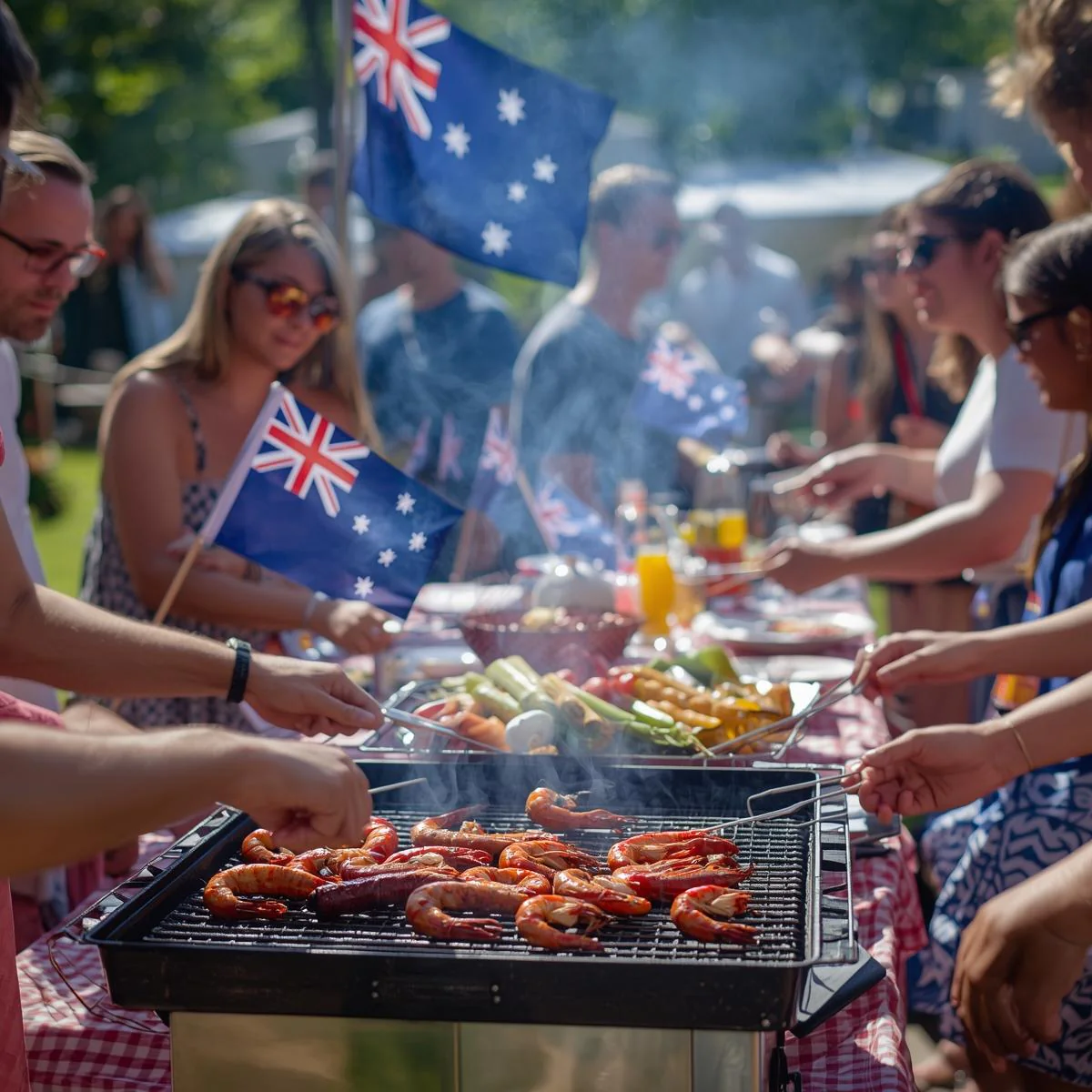 Australian slang barbecue culture scene with people cooking food outdoors while holding Australian flags at a social gathering BBQ