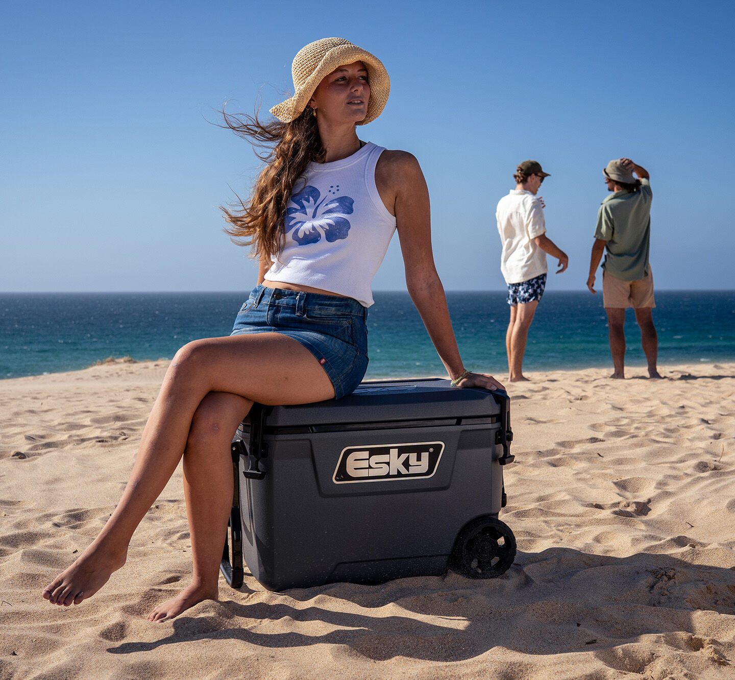 Australian slang esky cooler box beach culture Australia summer seaside lifestyle woman sitting on portable esky at beach with ocean background illustrating informal Australian slang