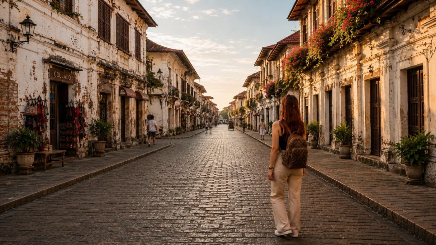 Philippines tourist spots featuring a traveler with a backpack walking along Calle Crisologo in Vigan, surrounded by Spanish colonial architecture and a traditional horse-drawn carriage at golden hour.