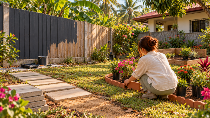 Ningas cogon mentality illustrated by a Filipina starting a new garden bed beside a half-painted fence and unfinished path.