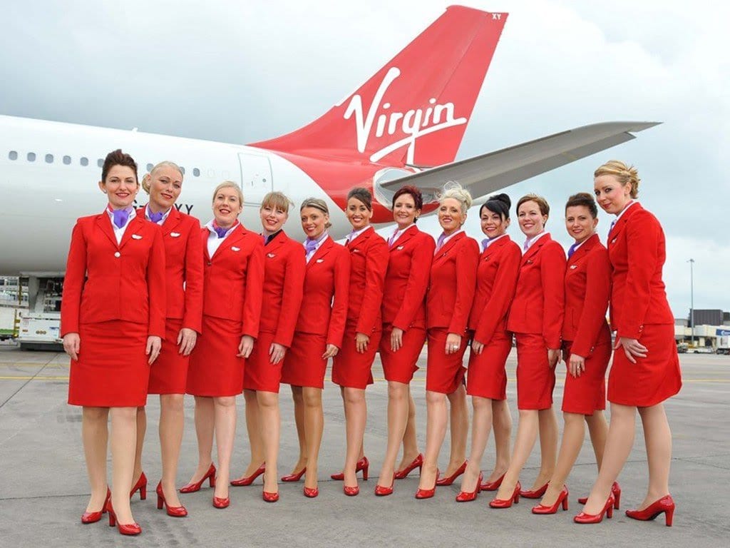 Virgin Atlantic hot air hostess red uniform cabin crew lineup