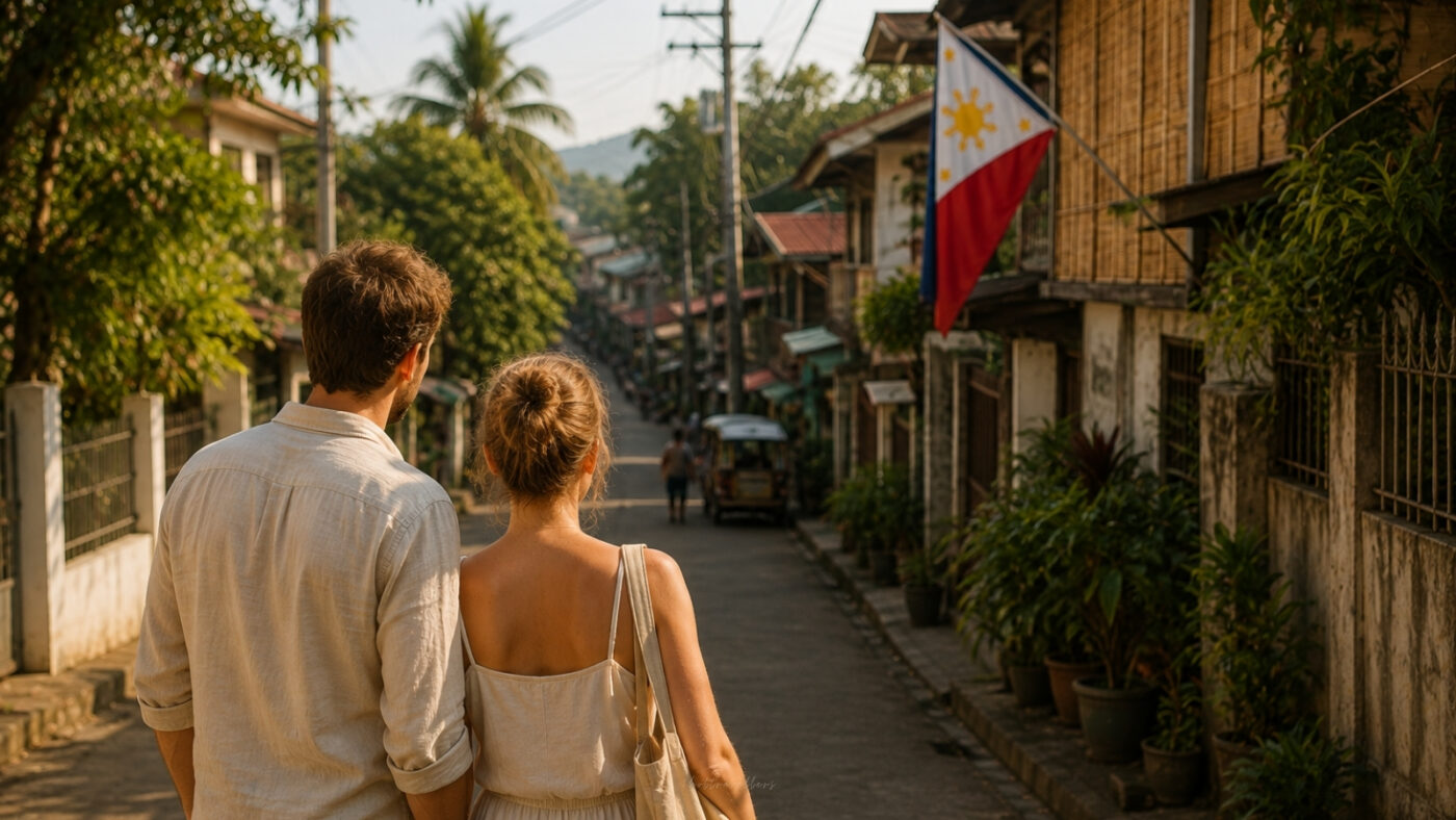 Foreign couple exploring Filipino culture Stereotypes in a local Philippine neighbourhood