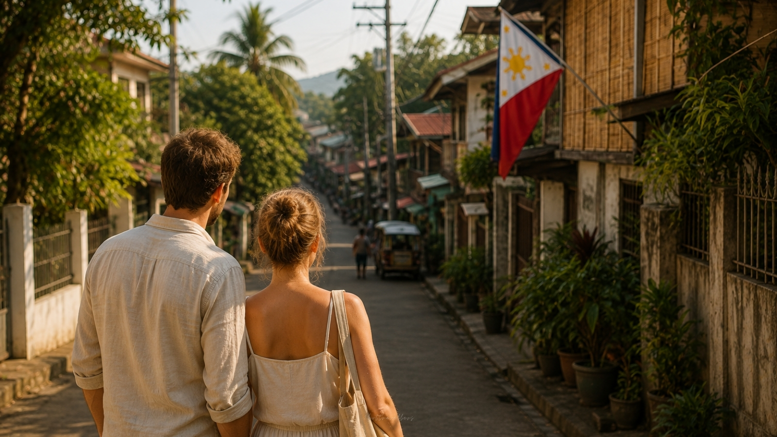 Foreign couple exploring Filipino culture Stereotypes in a local Philippine neighbourhood