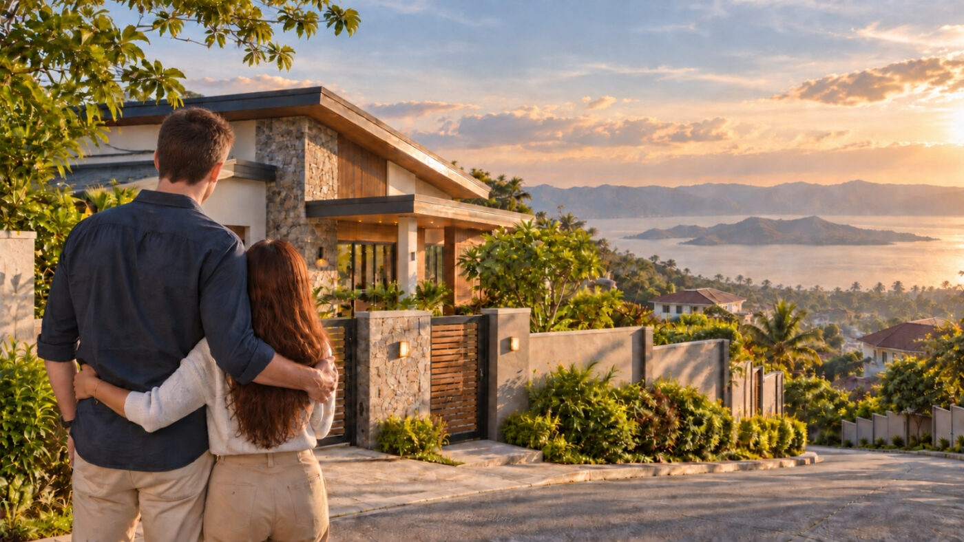 Buying Property in the Philippines: What Pros and Cons Foreigners Should Know | 2HotTravellers Buying property in the Philippines as a foreigner, with an Australian couple viewing a modern house overlooking Taal Lake in Tagaytay.