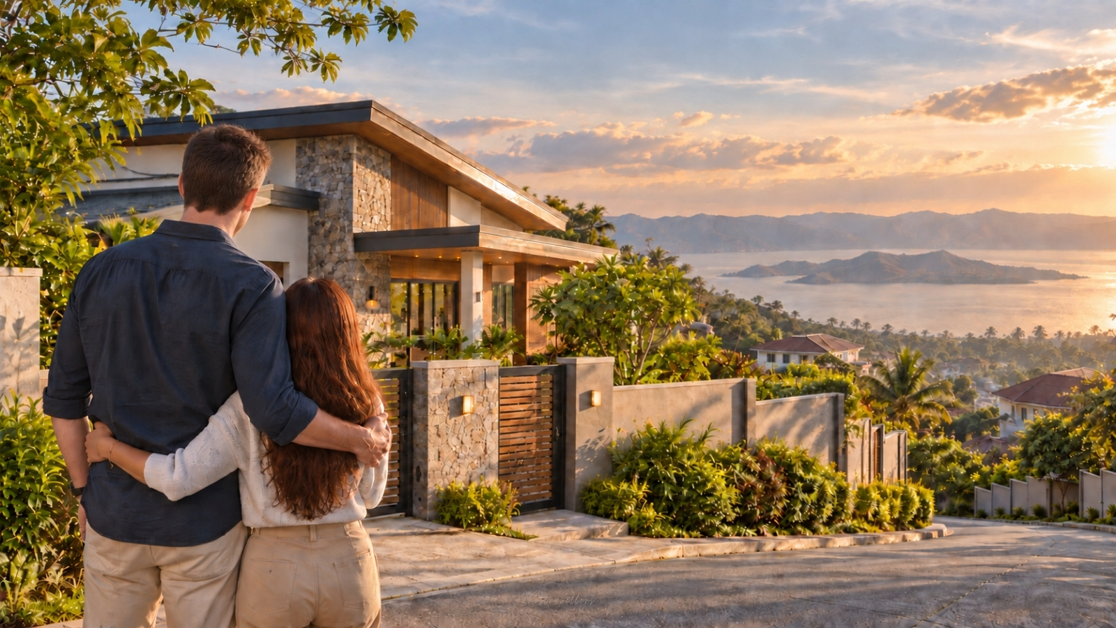 Buying property in the Philippines as a foreigner, with an Australian couple viewing a modern house overlooking Taal Lake in Tagaytay.