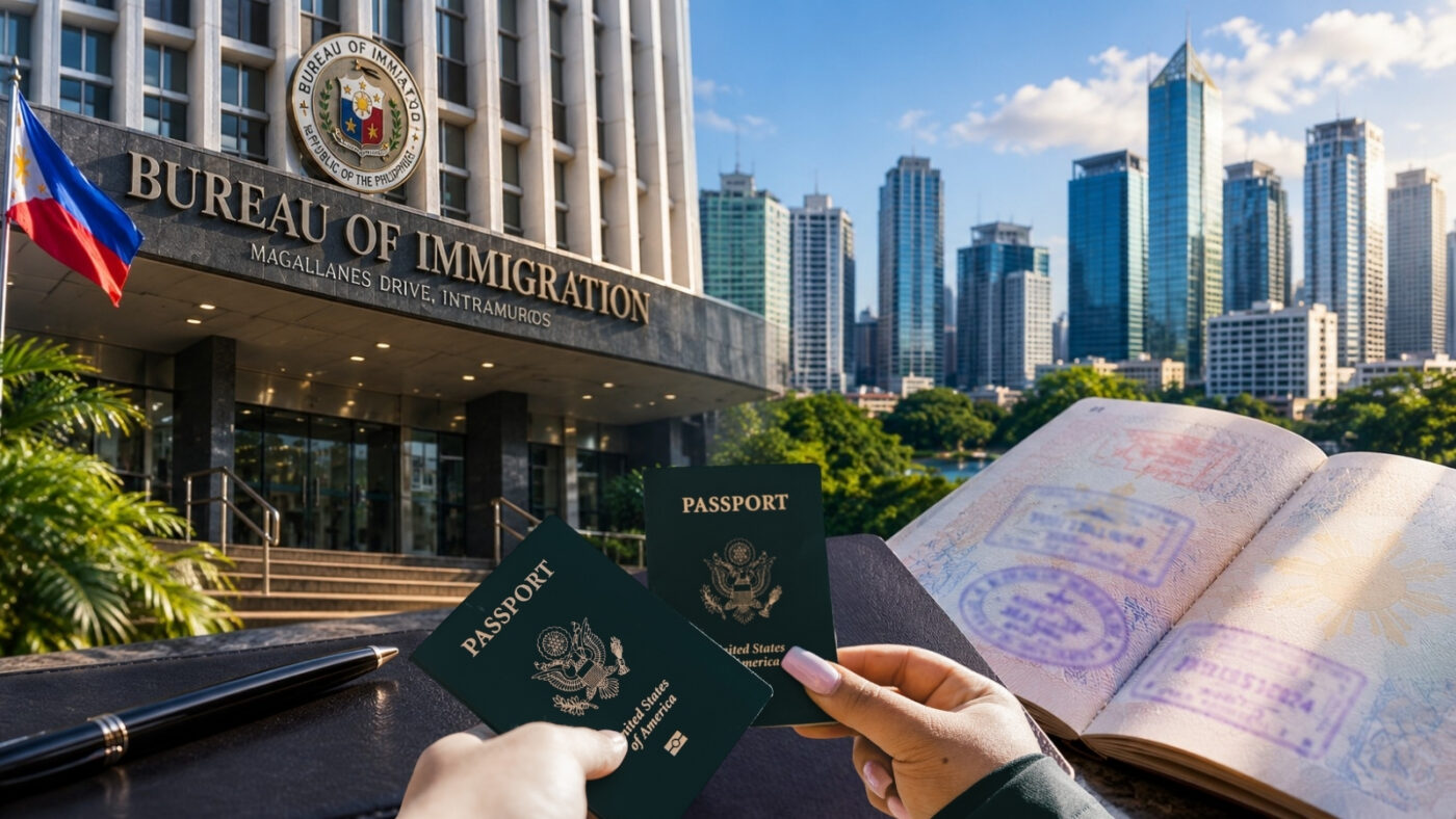 Work Visa Philippines guide showing the Bureau of Immigration, Philippine passport and visa documents, and Manila skyline representing legal employment and immigration requirements for foreign workers.