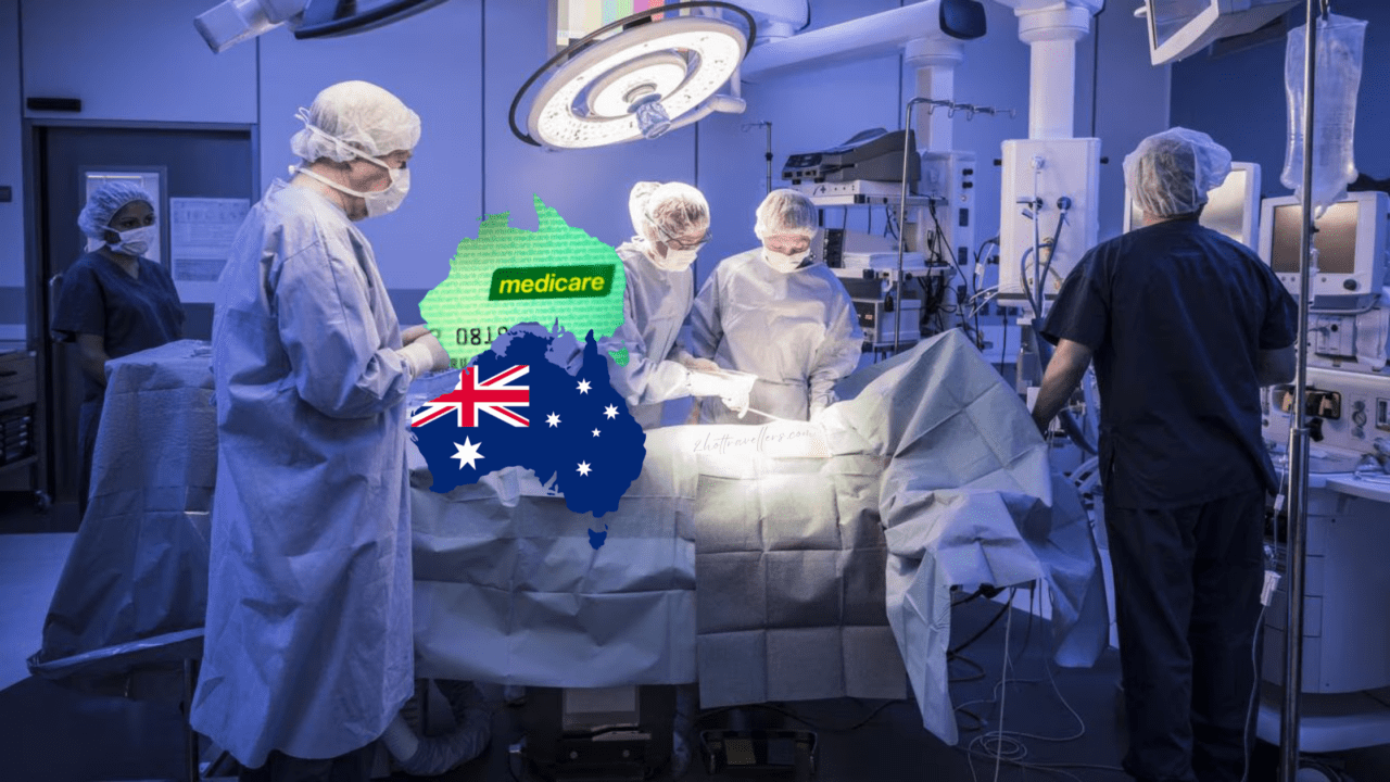 Healthcare in Australia - Medical team performing surgery in an operating theatre with Australian flag and Medicare logo, representing the country's public healthcare system