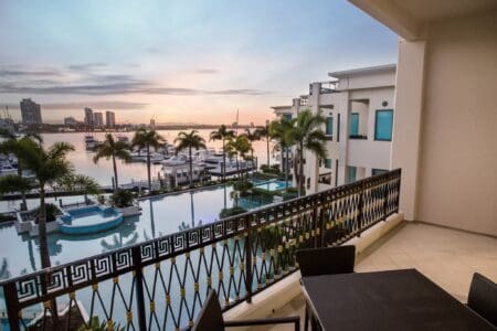 Luxury hotel balcony overlooking Gold Coast waterfron