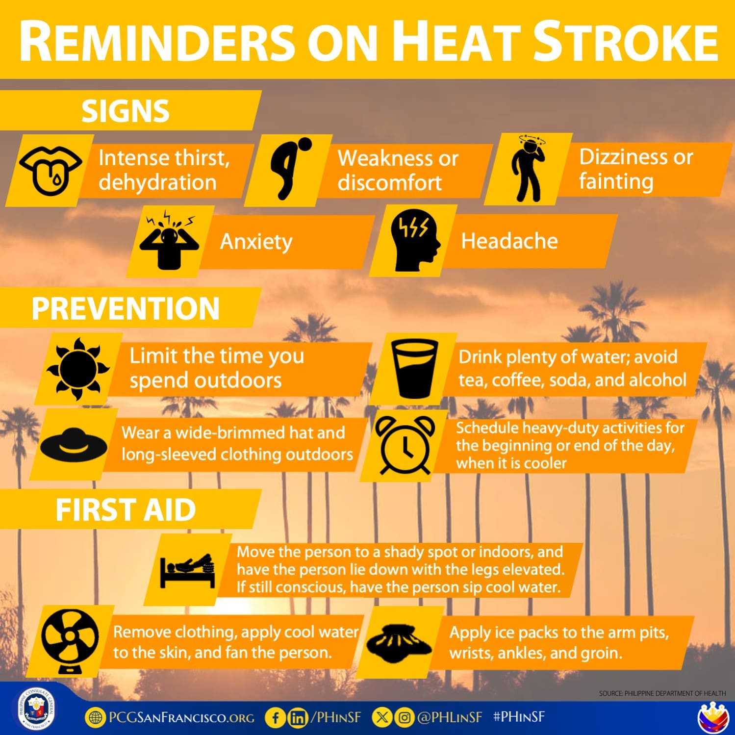 Infographic showing signs, prevention, and first aid for heatstroke in the Philippines, highlighting symptoms, practical steps, and safety measures for travelers