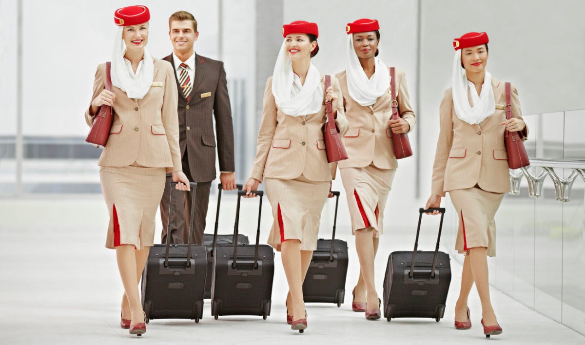 Emirates flight attendants walking in formation highlighting uniform design, discipline, and airline branding