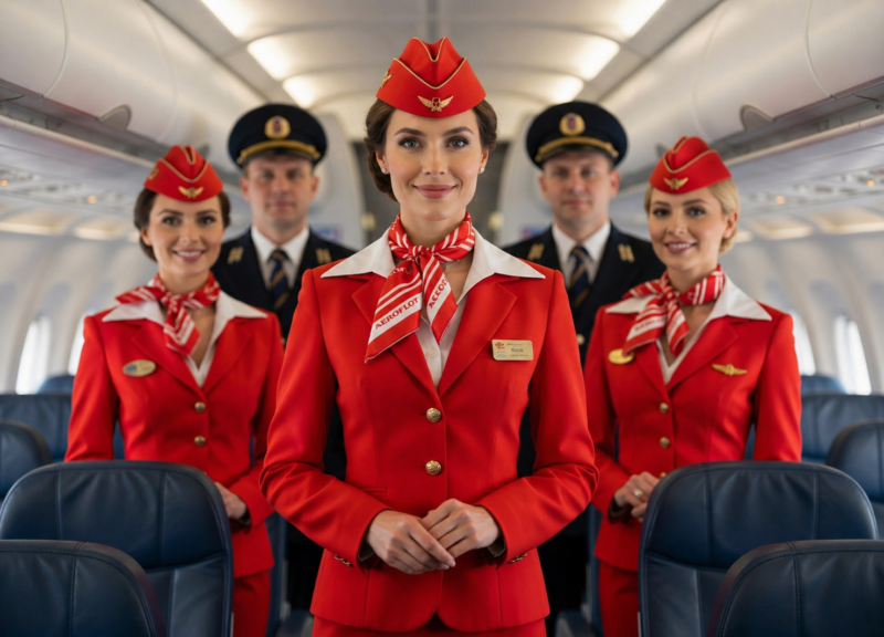 Flight attendants standing in airplane cabin aisle in uniform, composed posture and controlled professional expression