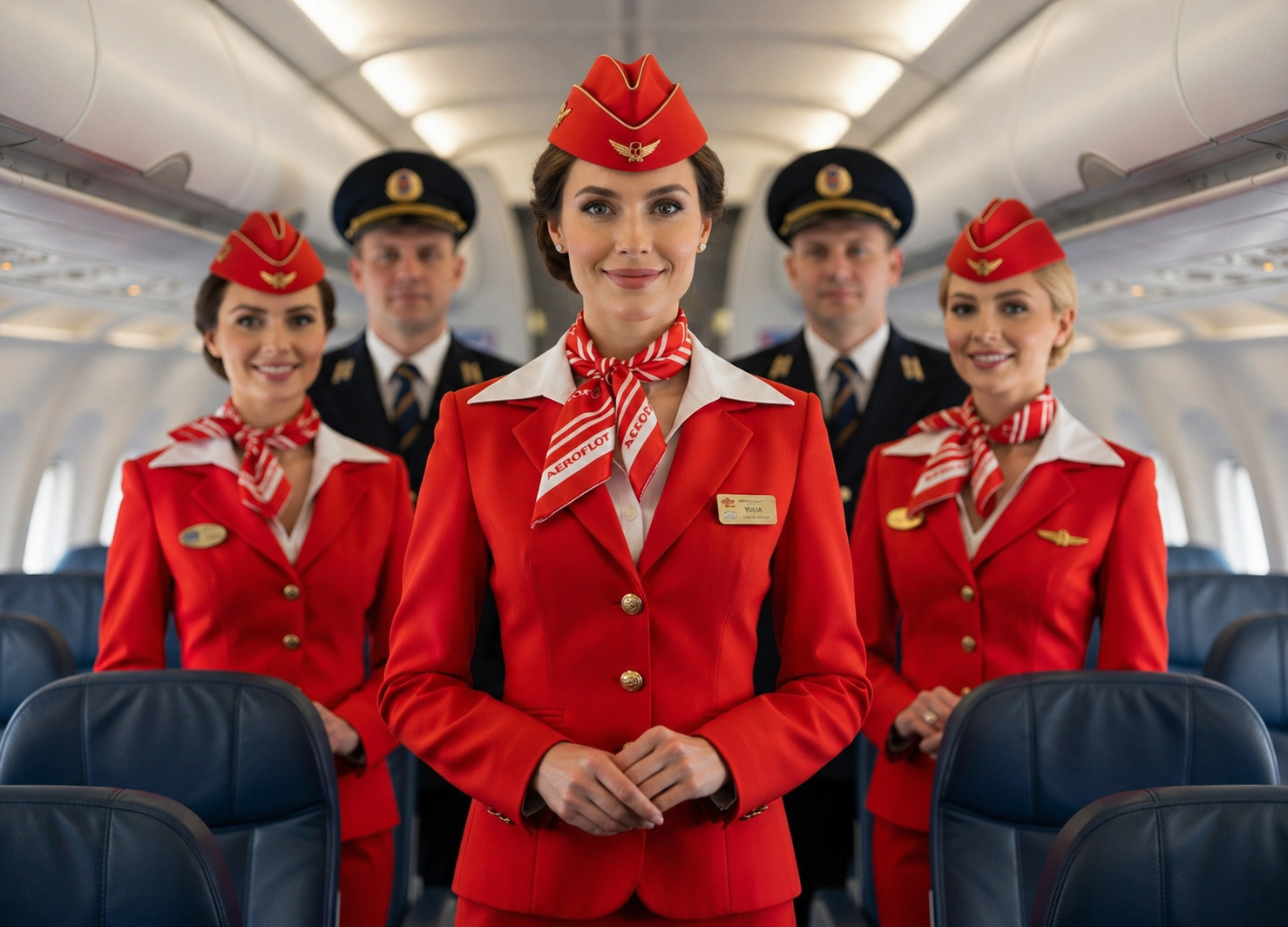 Flight attendants standing in airplane cabin aisle in uniform, composed posture and controlled professional expression
