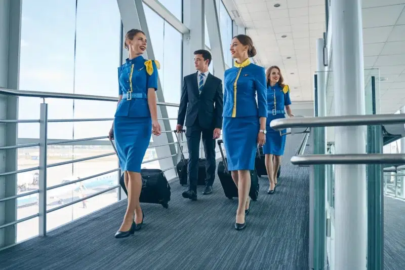 Flight attendants walking in uniform showing discipline, presentation standards, and controlled service environment