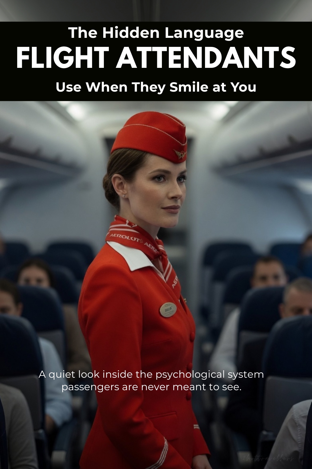A flight attendant in a red uniform stands in the airplane aisle, subtly observing passengers. Text overlay highlights the hidden psychological signals flight attendants use, revealing the unseen system behind cabin behavior.