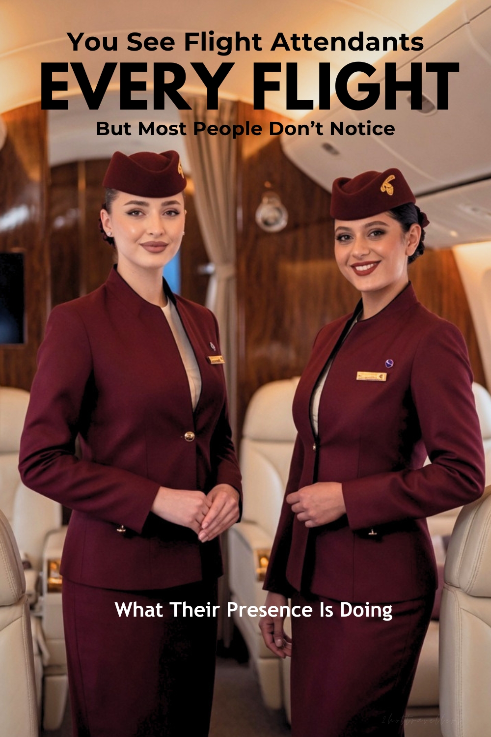 Two flight attendants in uniform standing inside an aircraft cabin, representing the polished image passengers typically see during flights