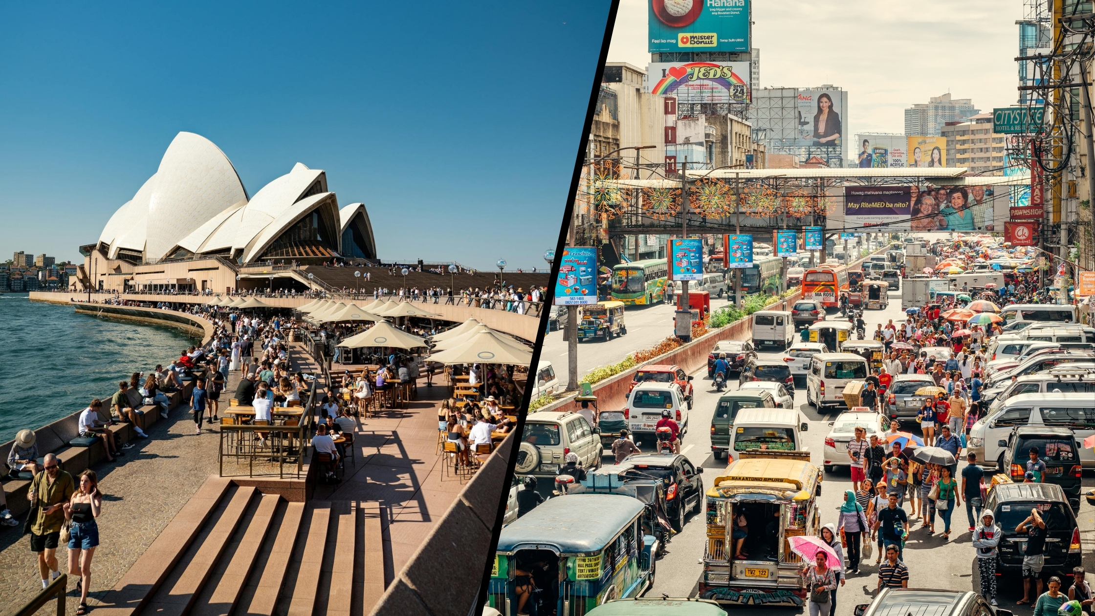 Australian personal space and Filipino social density shown through Sydney Opera House crowds and busy Manila street life