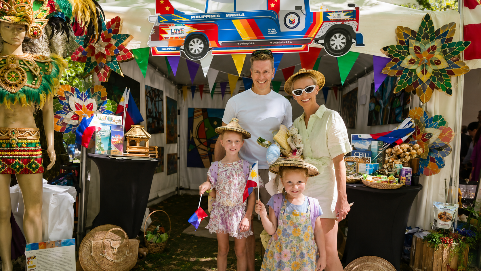 Family visiting the Philippine Embassy cultural booth during the 2026 National Multicultural Festival in Canberra, surrounded by Filipino decorations, crafts, and festival displays.