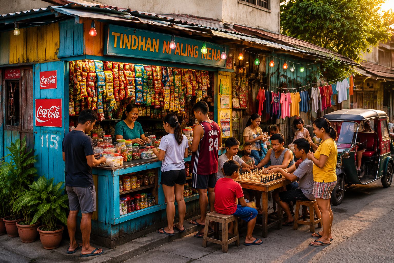 Australian Space and Filipino Closeness reflected in a lively Filipino sari-sari store where locals gather closely, socialize, and buy snacks in a shared neighborhood space.