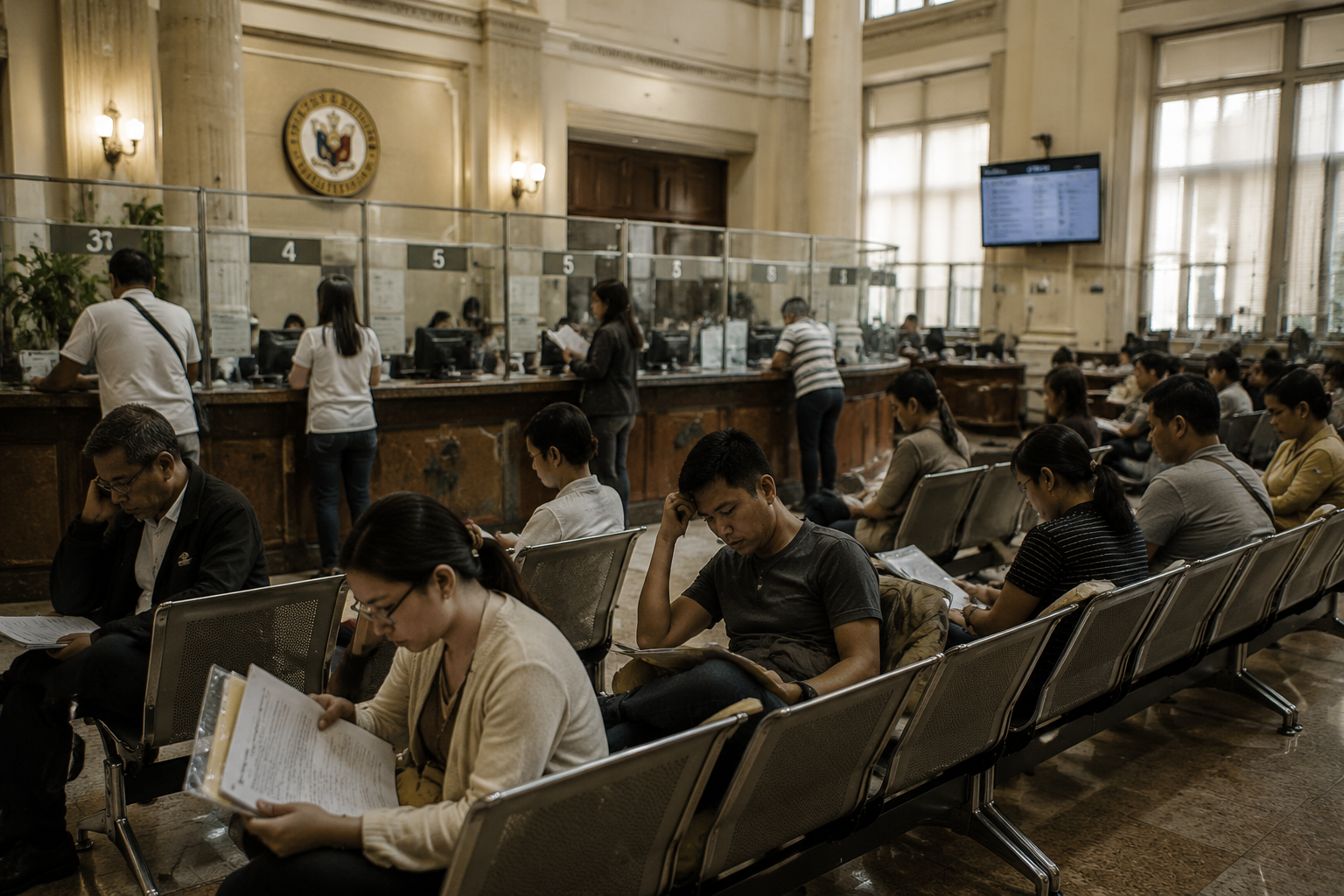 Philippines bureaucracy waiting area with people holding documents inside a government office.