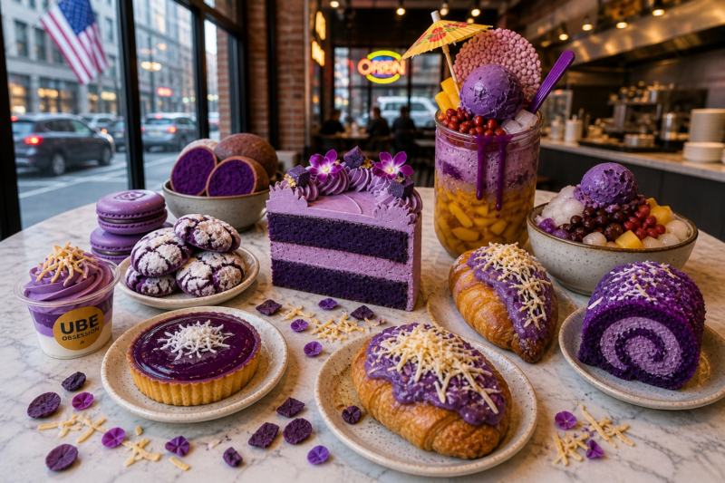 Ube desserts on a white marble table in a café setting featuring purple yam cake, halo-halo, pastries, and drinks