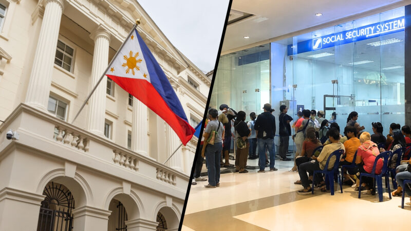 Modern Philippine bureaucracy waiting area with long queues and people seated inside a Social Security System office.