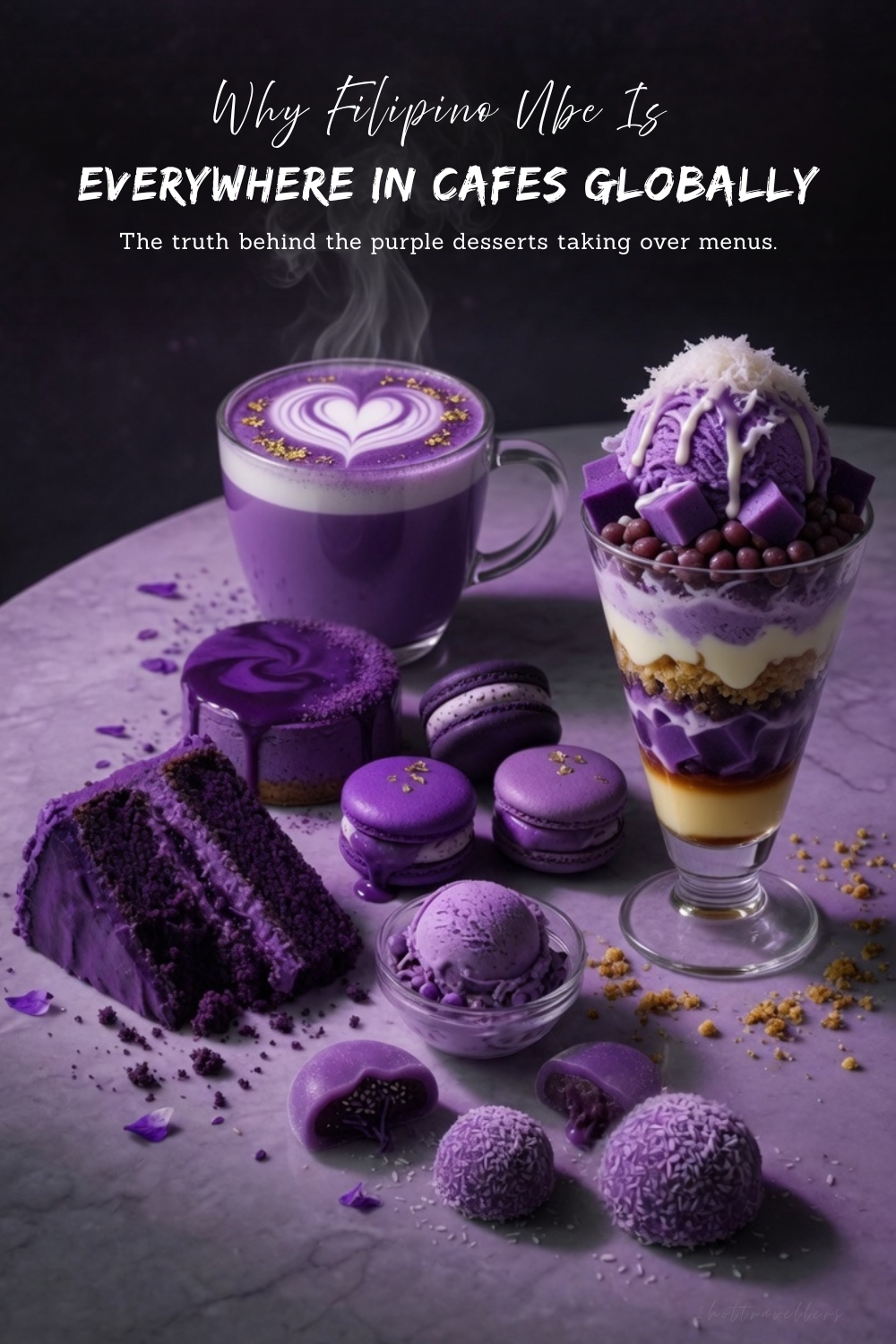 Filipino ube desserts and drinks displayed in a café setting showing how ube became a global food trend through purple desserts, cakes, coffee, and pastries.