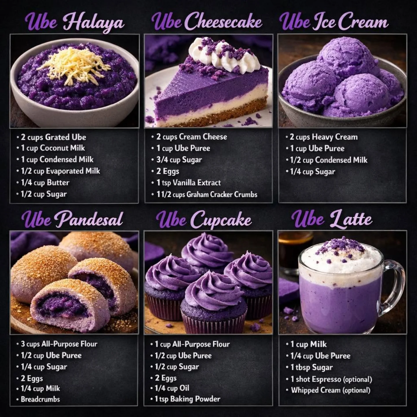 Ube desserts in multiple formats including halaya cheesecake ice cream pandesal cupcakes and latte designed for visual appeal on social platforms