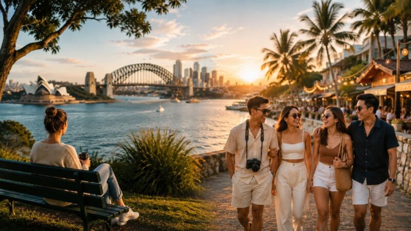 Australian Space and Filipino Closeness illustrated through a peaceful Sydney Harbour scene with a woman enjoying personal space alongside a group of modern Filipino friends laughing together at a tropical waterfront, highlighting the cultural difference between Australian independence and Filipino closeness.