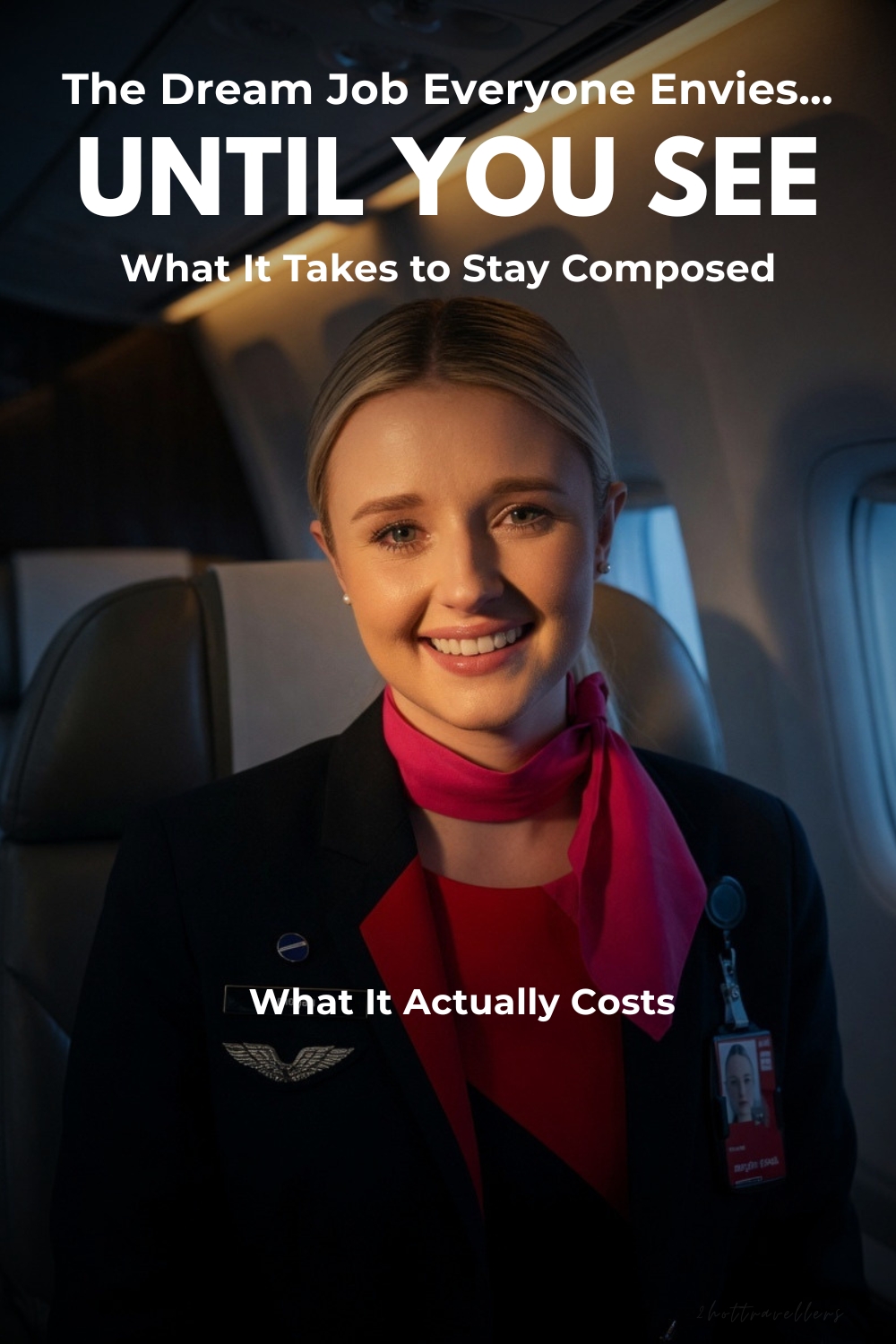 Flight attendant smiling in airplane cabin while text highlights the hidden emotional cost and pressure behind the job