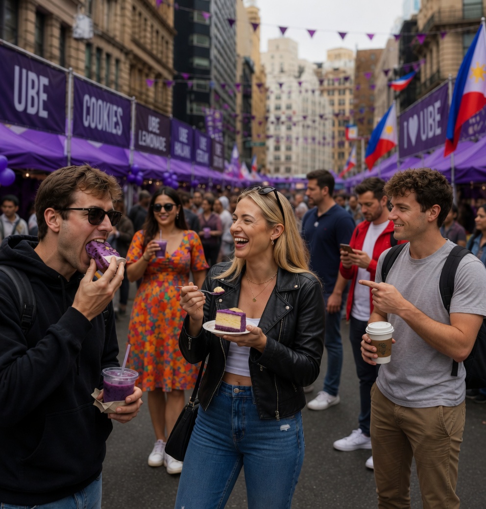Crowds enjoying ube desserts and drinks at a Filipino street food festival in New York City, with people eating ube cake, pastries, and coffee surrounded by purple market stalls and Filipino flags.