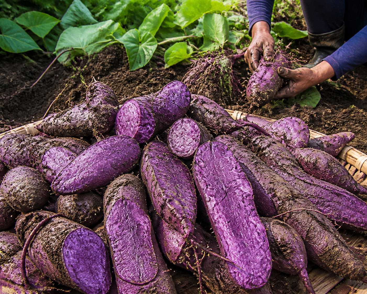 Freshly harvested ube in the Philippines with purple yam tubers covered in soil and cut pieces showing vibrant violet flesh