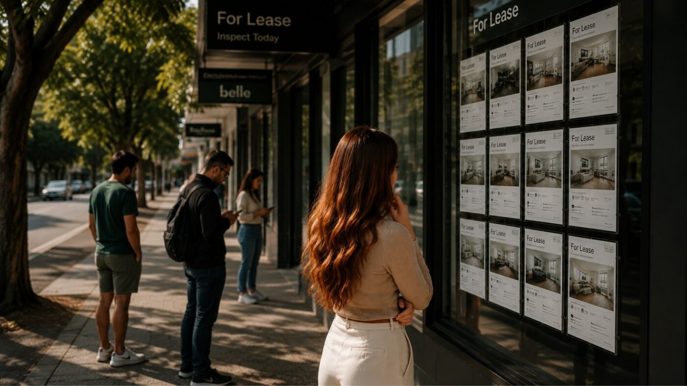 Renting in Australia — a woman studies rental listings in a real estate agent window while others wait outside an inspection on a busy Australian street