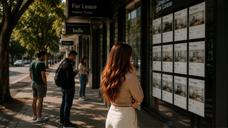 Renting in Australia — a woman studies rental listings in a real estate agent window while others wait outside an inspection on a busy Australian street