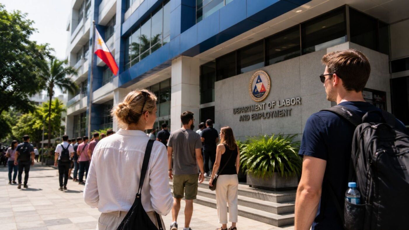Alien Employment Permit Philippines guide showing foreign nationals outside a Department of Labor and Employment (DOLE) office before applying for an Alien Employment Permit.