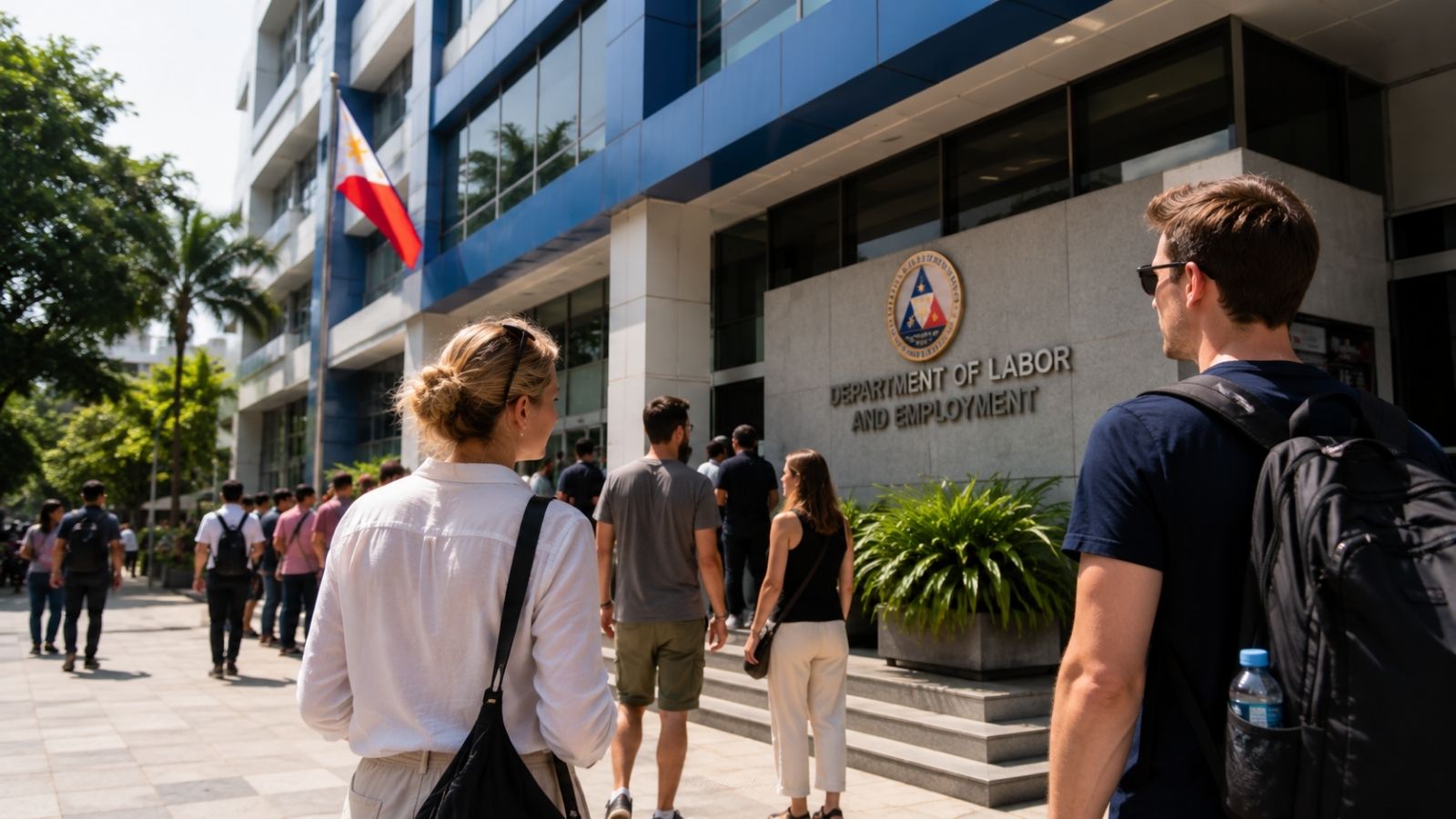 Alien Employment Permit Philippines guide showing foreign nationals outside a Department of Labor and Employment (DOLE) office before applying for an Alien Employment Permit.