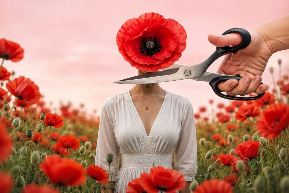 Tall Poppy Syndrome illustrated by a tall poppy flower being cut with scissors to represent social correction in Australia