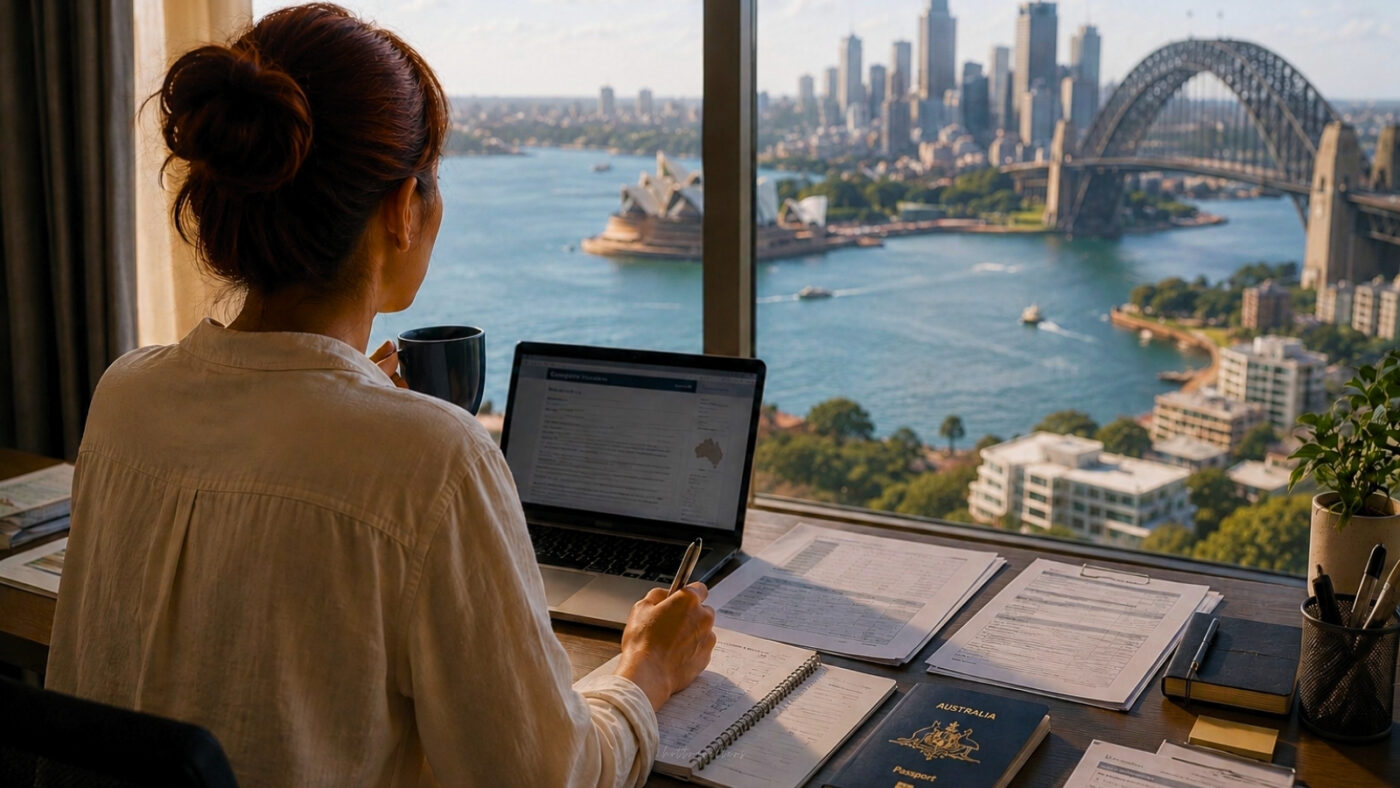 Skilled Migration Australia applicant reviewing visa documents with Sydney Harbour in the background
