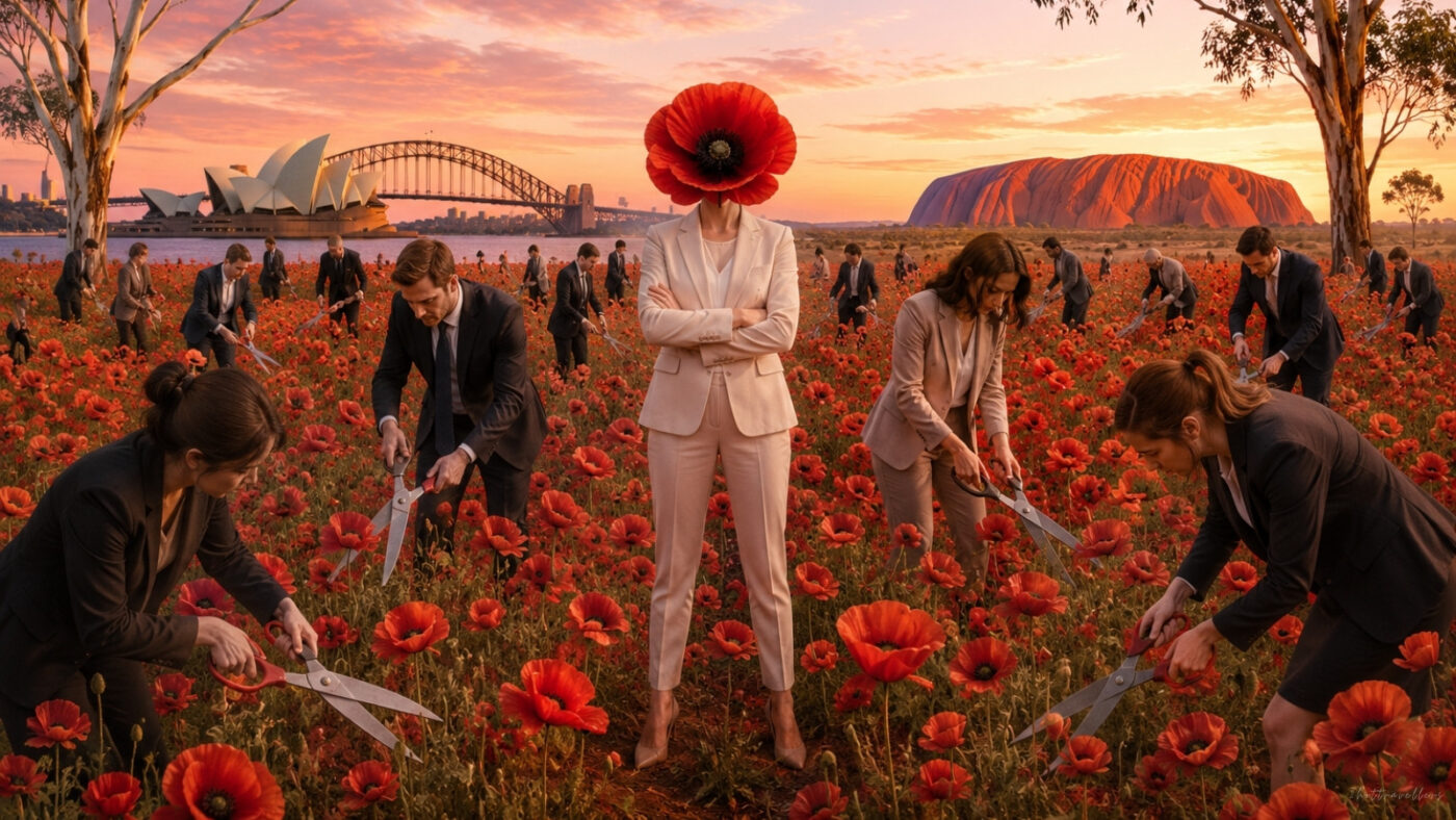Tall Poppy Syndrome in Australia illustrated by a businesswoman with a poppy head surrounded by people cutting flowers with scissors