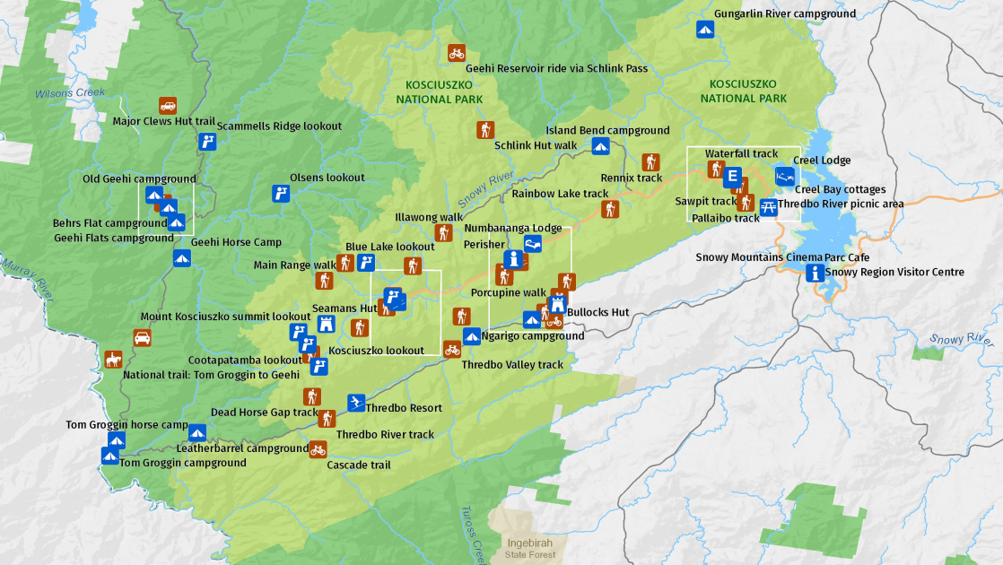 Map of Thredbo, Perisher and Kosciuszko National Park hiking trails and campgrounds